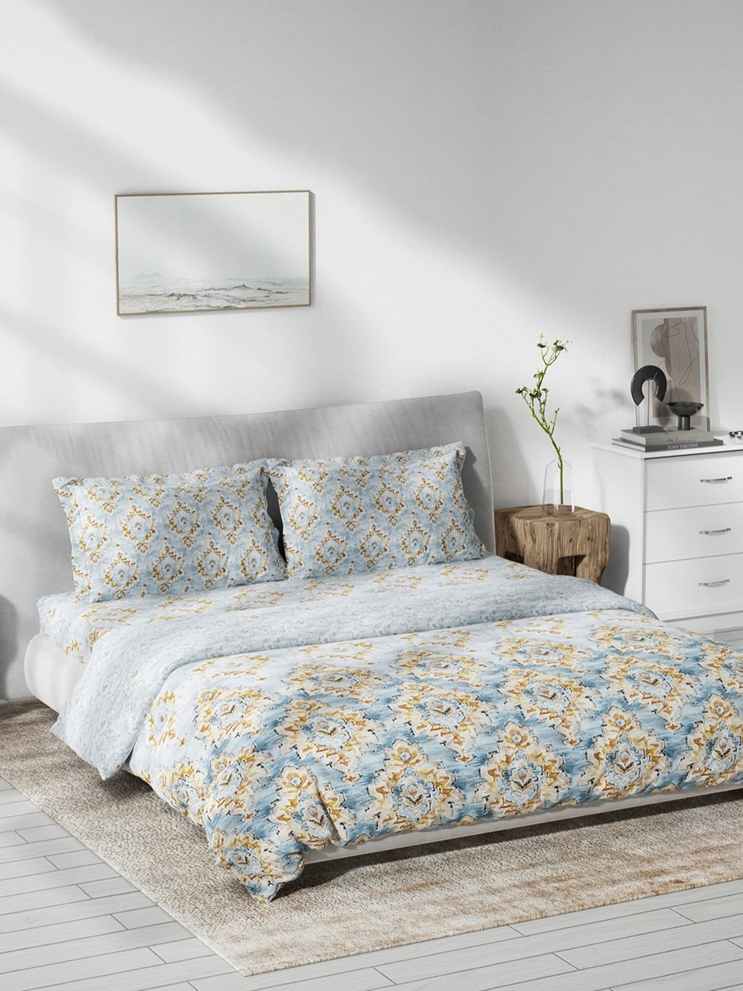 

DDecor Blue & Green Printed Cotton Double Queen Bedding Set