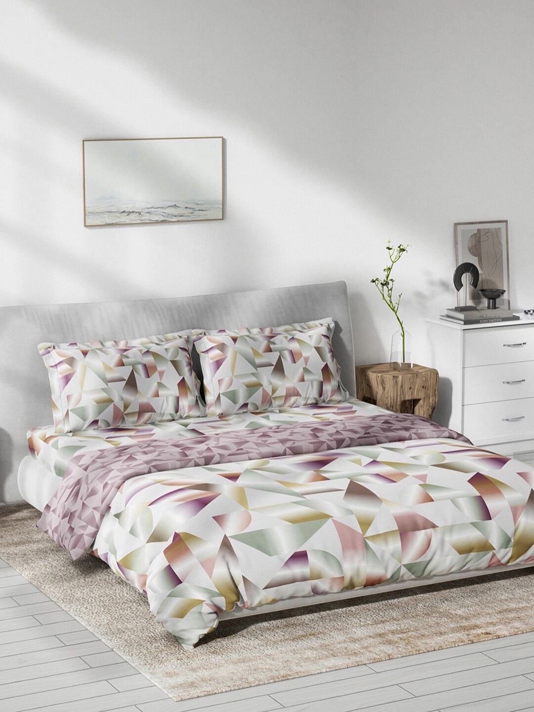 

DDecor White & Purple Printed Cotton Double Queen Bedding Set