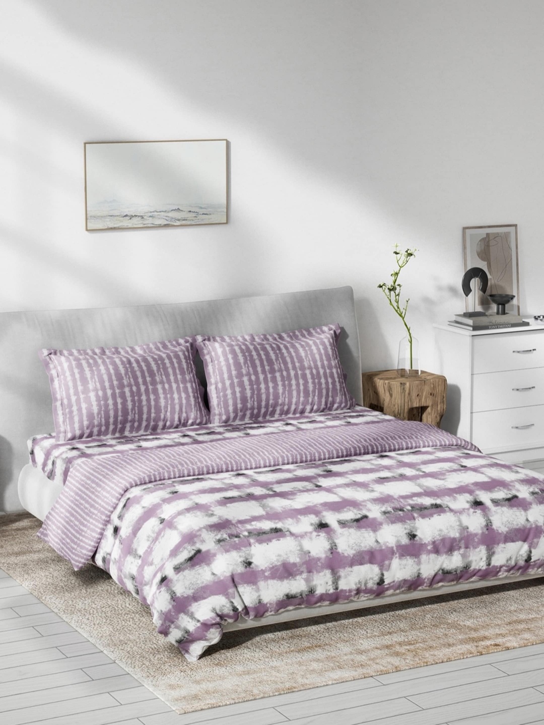 

DDecor Purple & White Abstract Cotton Double Oueen Bedding Set