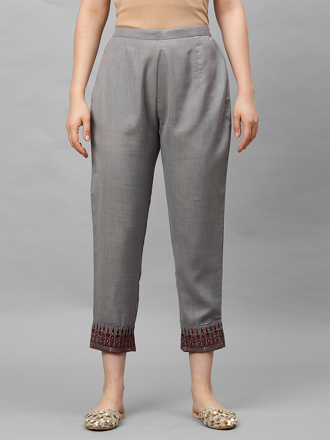 

Indo Era Women Grey Ethnic Motifs Embroidered Cotton Ethnic Palazzos