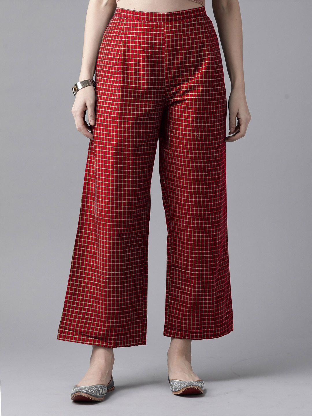 

Indo Era Women Red Checked Cotton Ethnic Palazzos