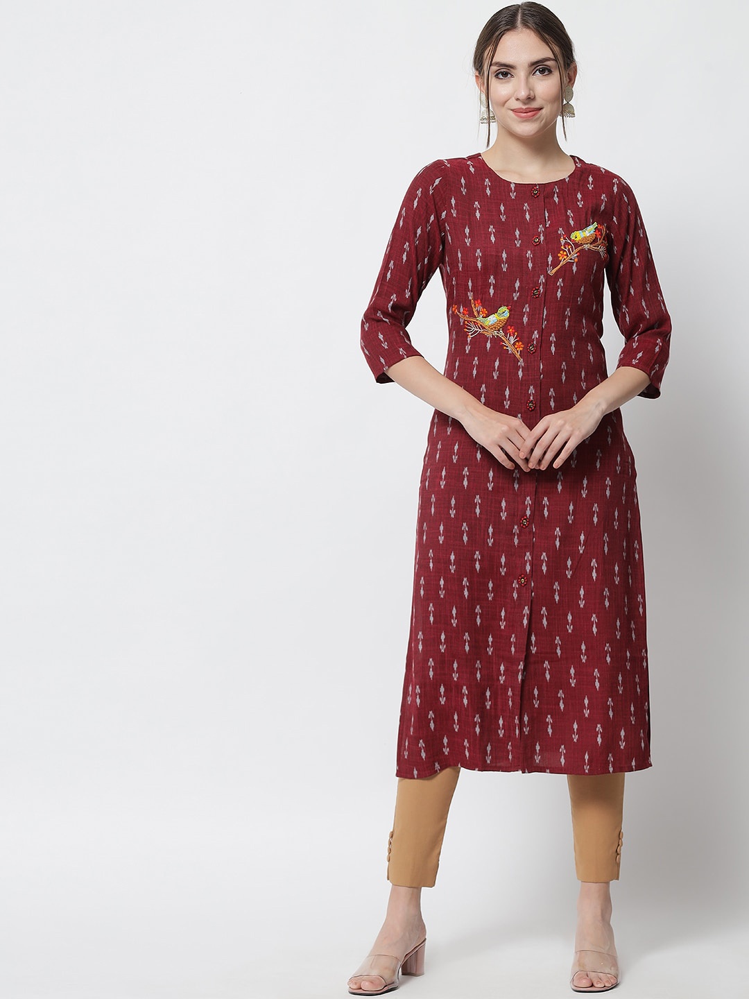 

Spera Women Maroon Ethnic Motifs Printed Embroidered Kurta