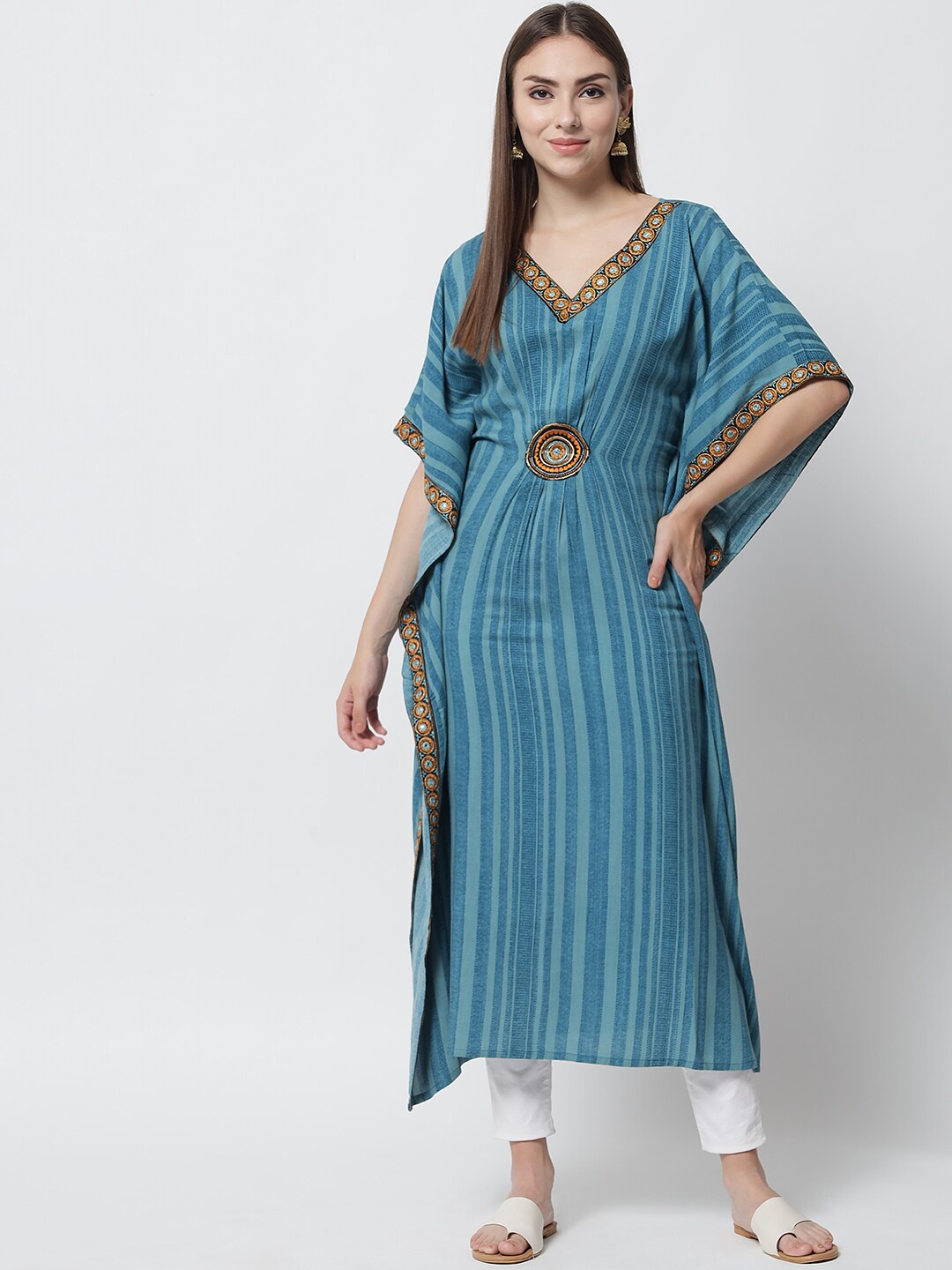 

Spera Women Turquoise Blue Striped Flared Sleeves Thread Work Anarkali Kurta