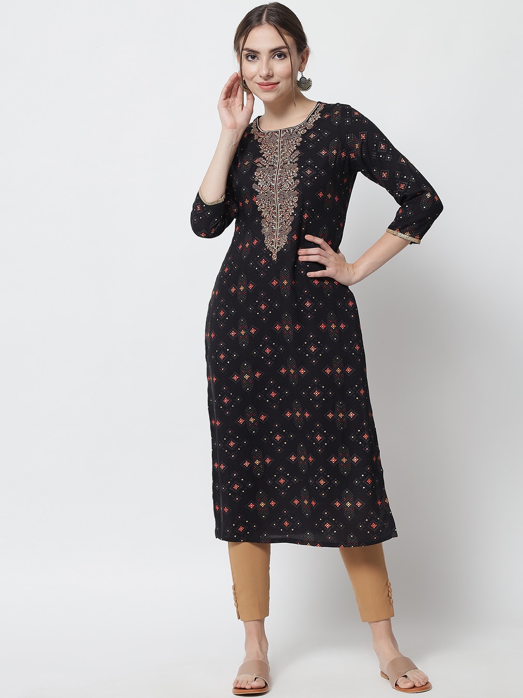 

Spera Women Black Ethnic Motifs Printed Flared Sleeves Mirror Work Kurta