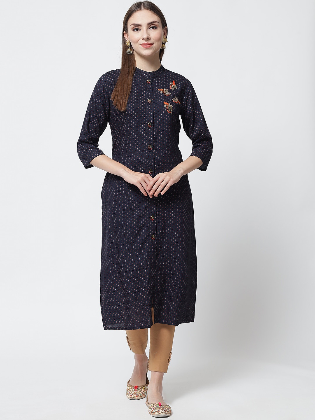 

Spera Women Navy Blue Embroidered Keyhole Neck Kurta