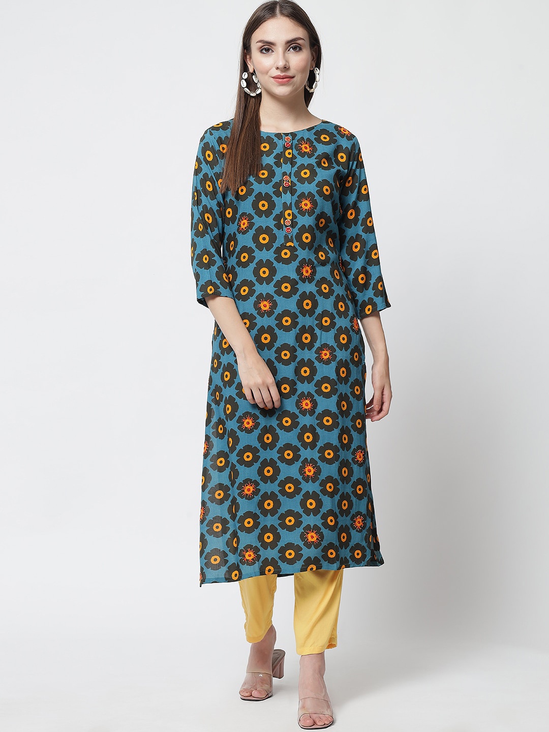 

Spera Women Blue Floral Printed Keyhole Neck Cold-Shoulder Sleeves Kurta