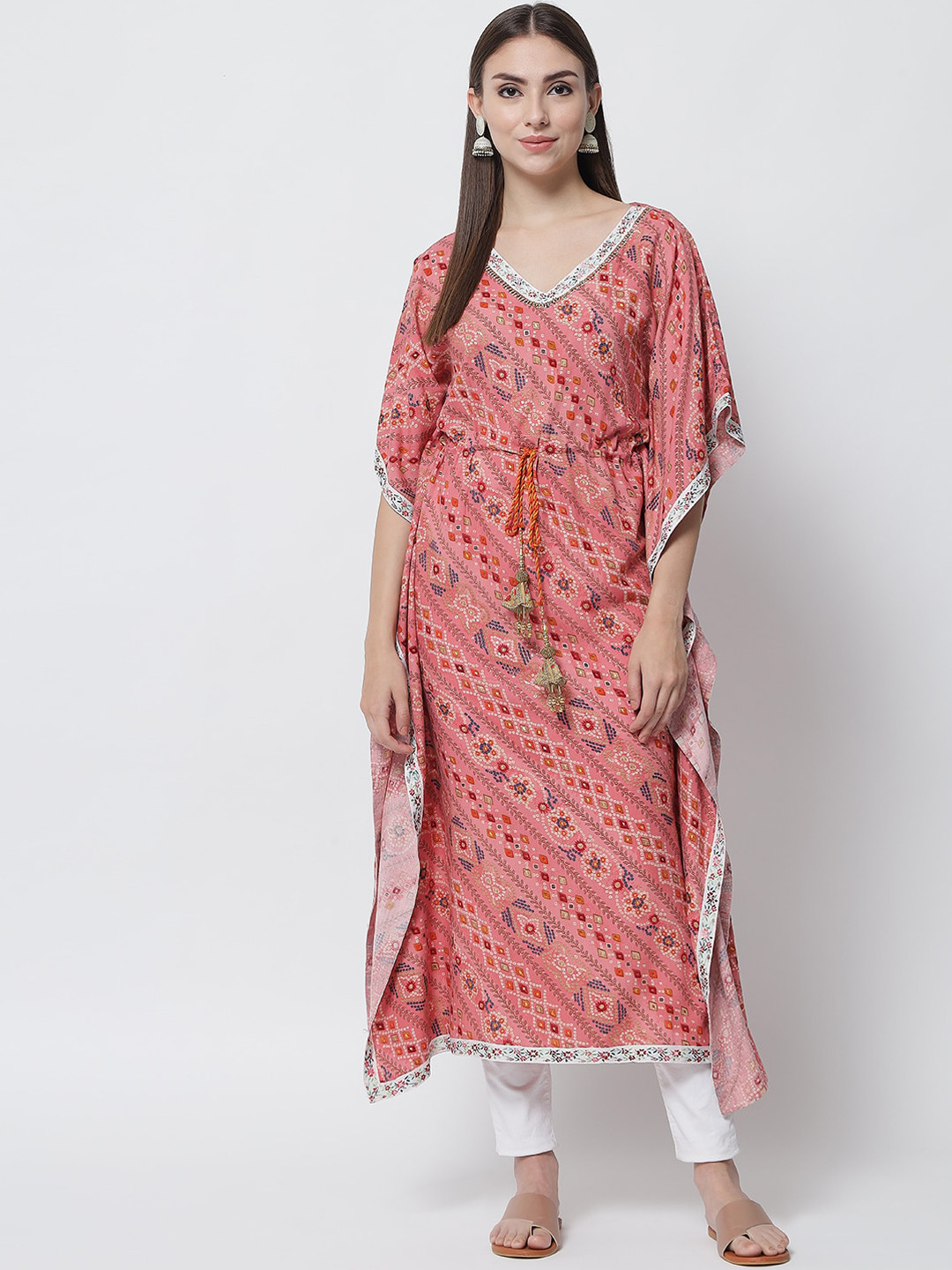 

Spera Women Peach-Coloured Floral Printed Flared Sleeves Chikankari Kaftan Kurta