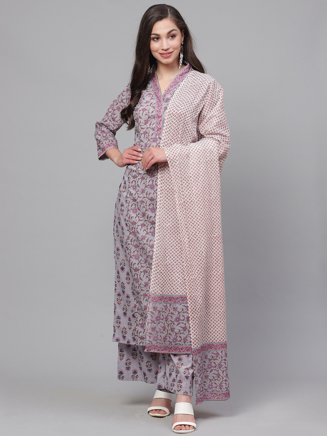 

Indo Era Women Purple Ethnic Motifs Printed Pure Cotton Kurta with Palazzos & With Dupatta
