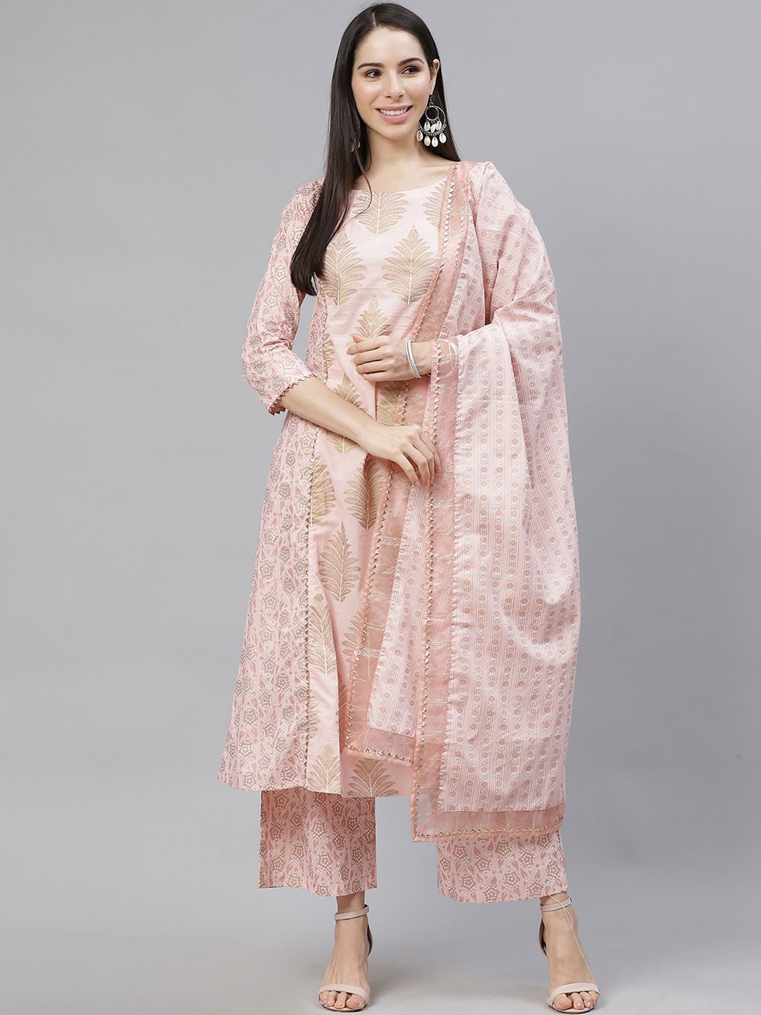 

Indo Era Women Pink Striped Pleated Pure Cotton Kurti with Trousers & With Dupatta