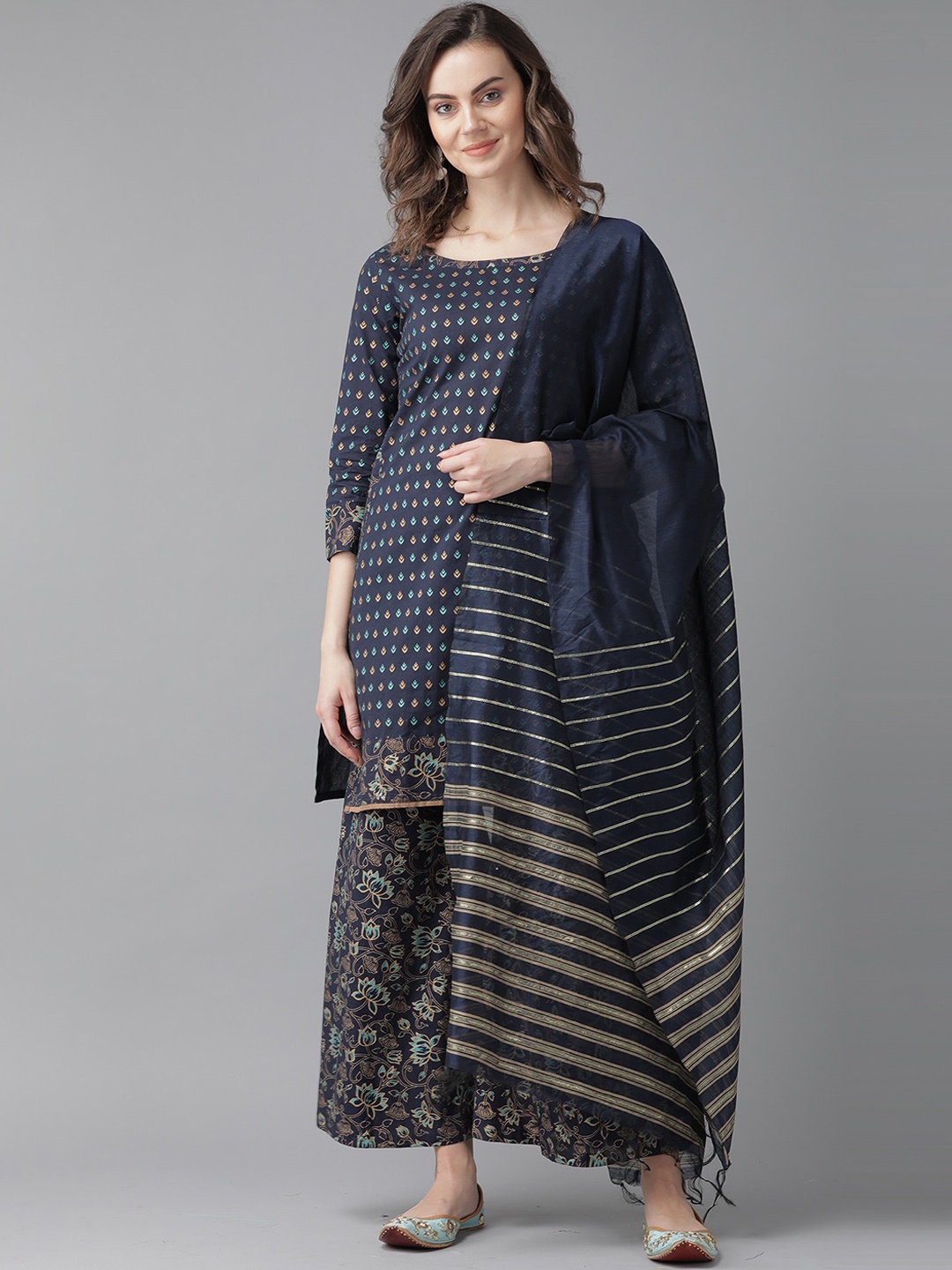 

Indo Era Women Navy Blue Yoke Design Panelled Pure Cotton Kurti with Palazzos & With Dupatta