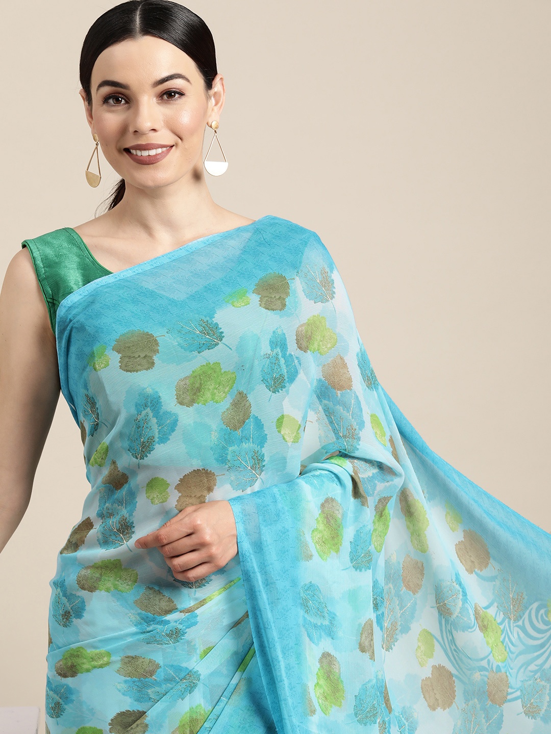 

PERFECTBLUE Blue & Green Floral Poly Georgette Saree
