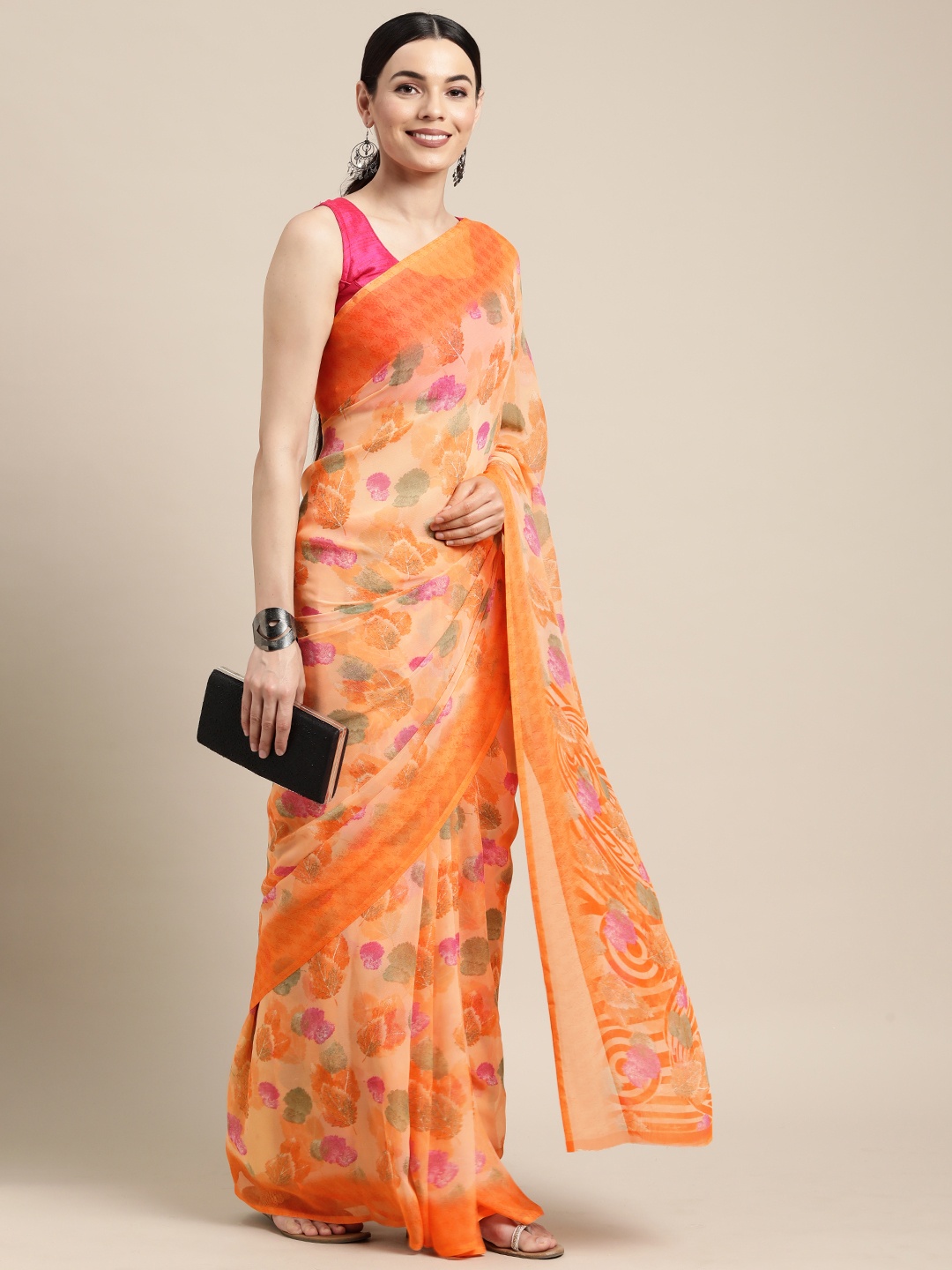 

PERFECTBLUE Orange & Green Floral Poly Georgette Saree