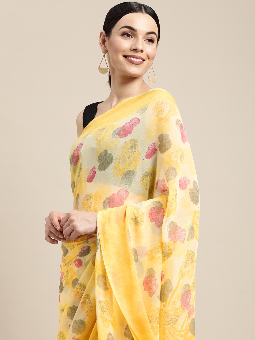 PERFECTBLUE Yellow & Pink Floral Poly Georgette Saree