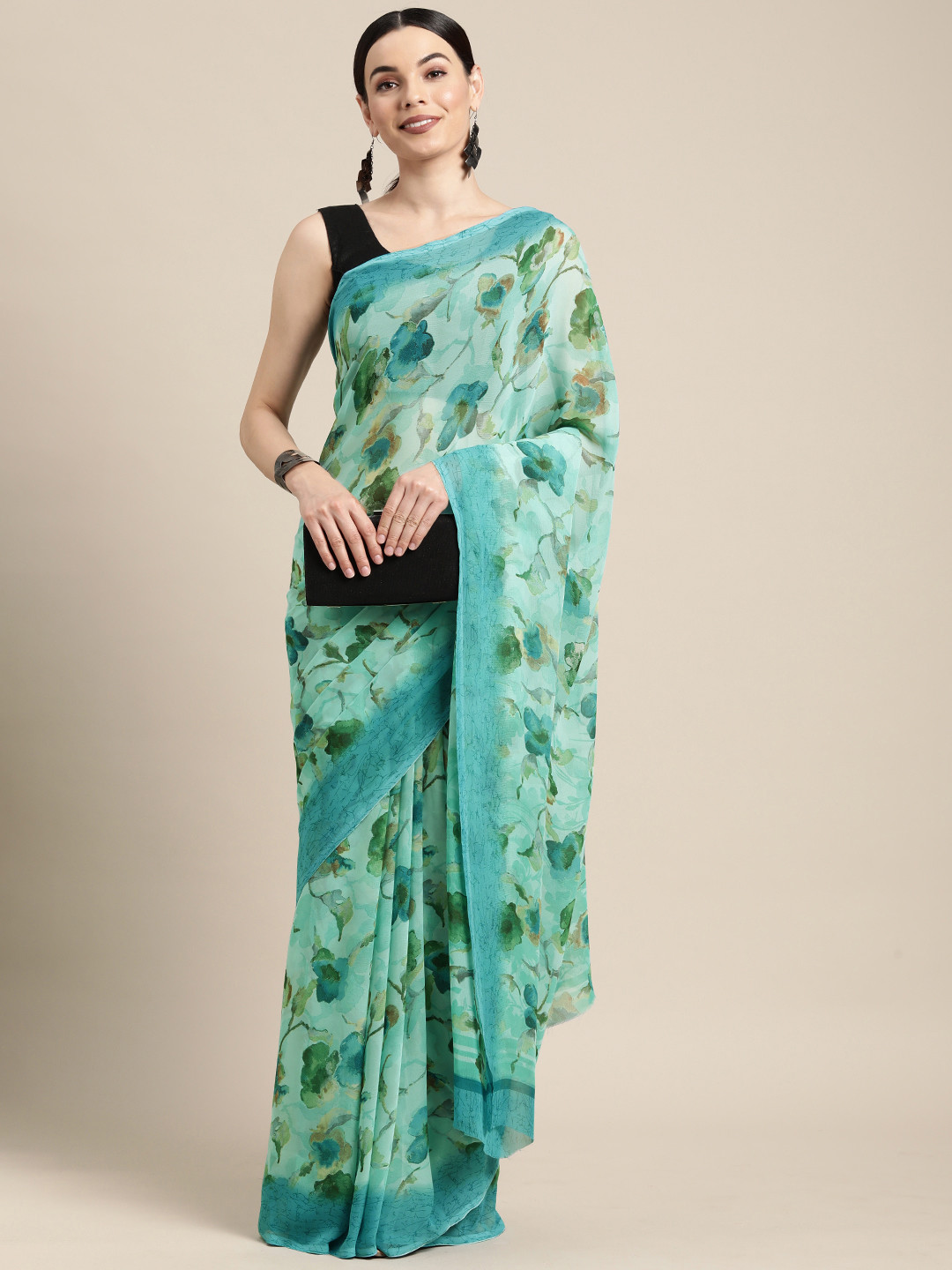 

PERFECTBLUE Teal Green Floral Poly Georgette Saree