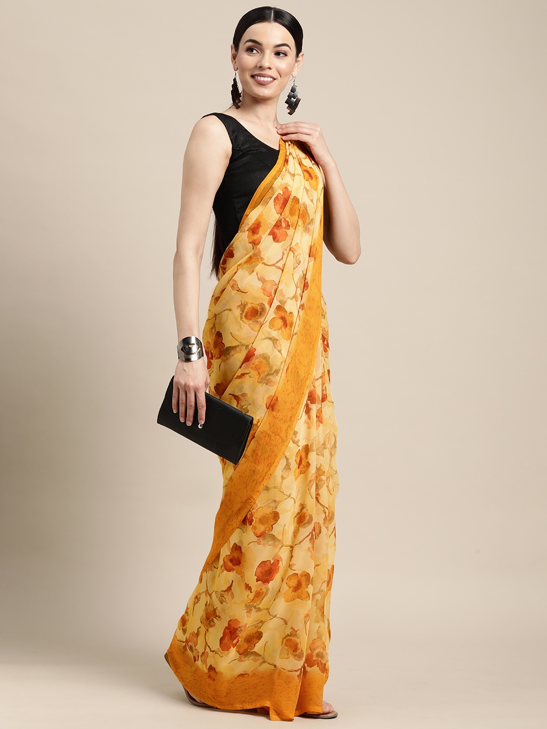 

PERFECTBLUE Yellow Floral Poly Georgette Saree