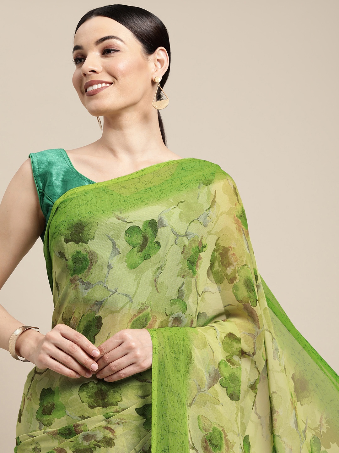 

PERFECTBLUE Green Floral Poly Georgette Saree