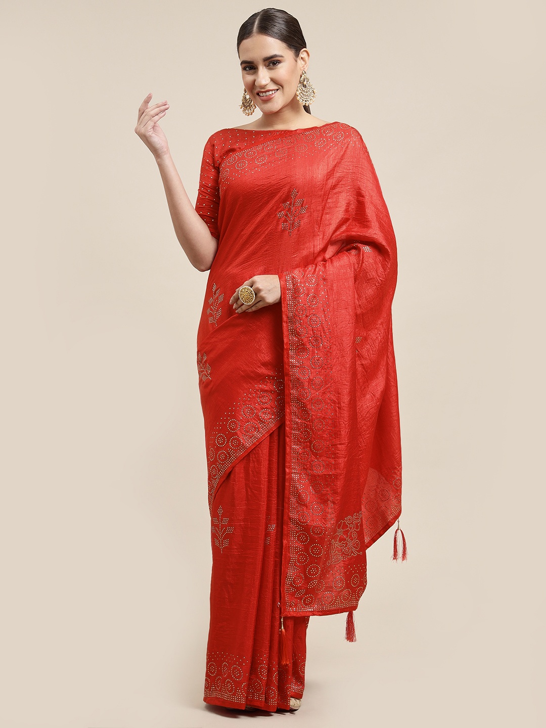 

ORUS Red Ethnic Motifs Mukaish Silk Cotton Saree