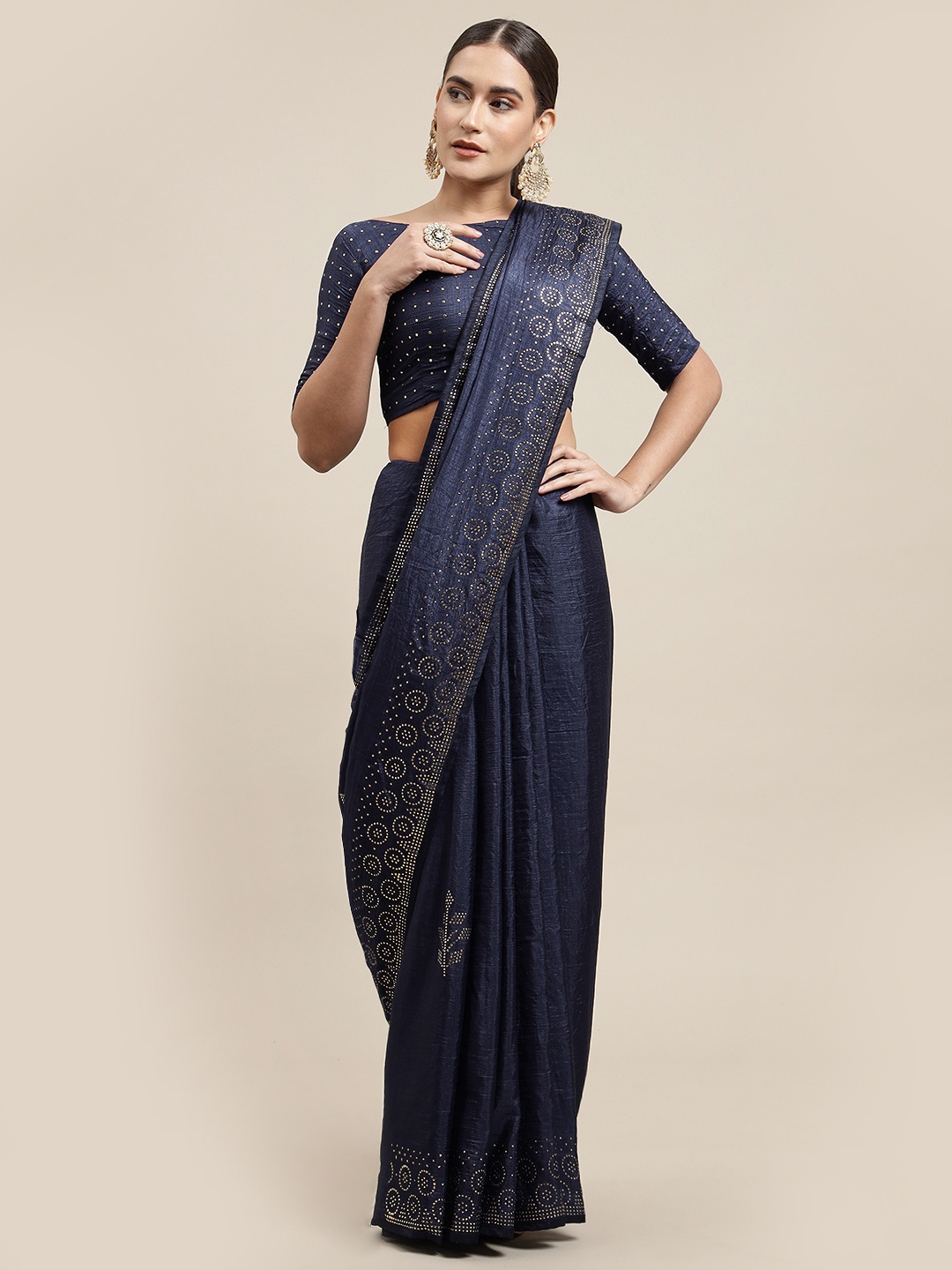 

ORUS Navy Blue Ethnic Motifs Mukaish Silk Cotton Saree