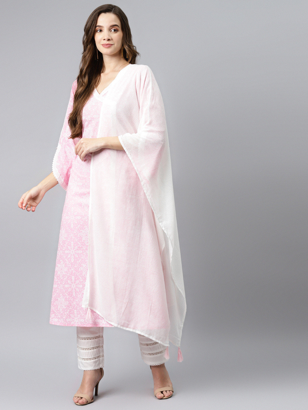 

Hatheli Women Pink & White Ethnic Motifs Angrakha Cotton Kurta with Trousers & Dupatta