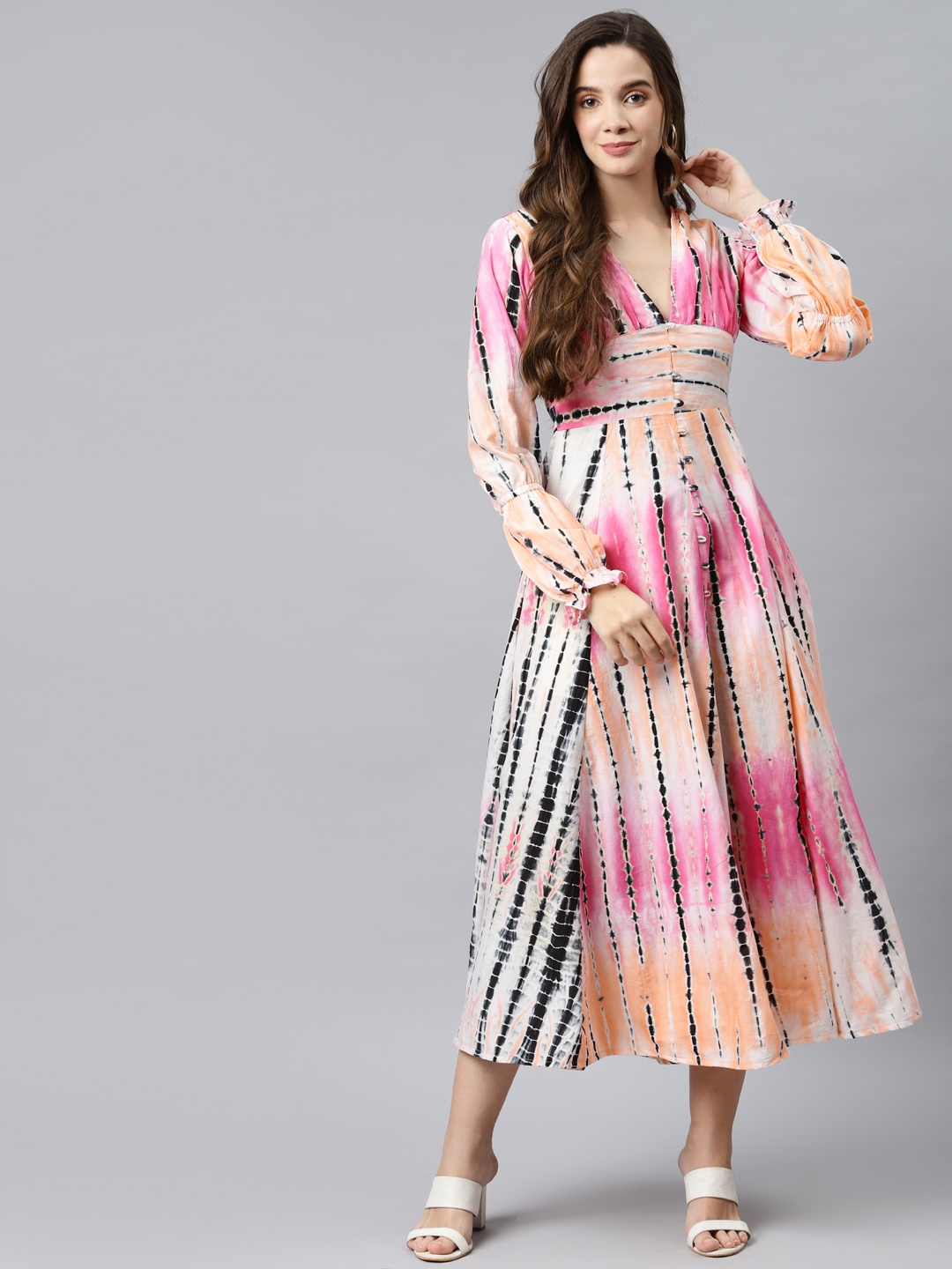 

Hatheli Pink & Peach-Coloured Shibhori Bishop Sleeve Dyed Ethnic Empire Midi Dress