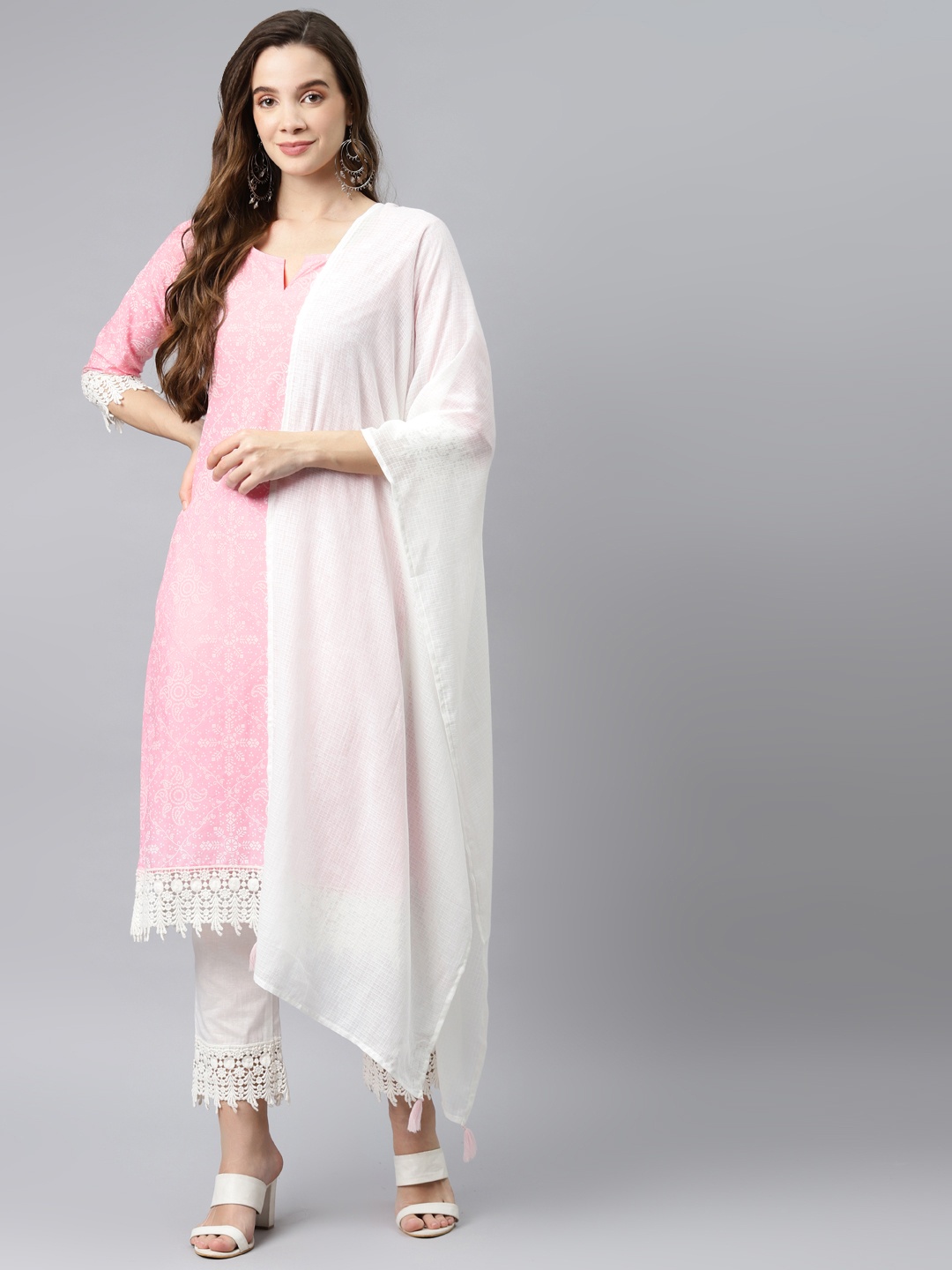 

Hatheli Women Pink Bandhani Printed Pure Cotton Kurta with Palazzos & With Dupatta