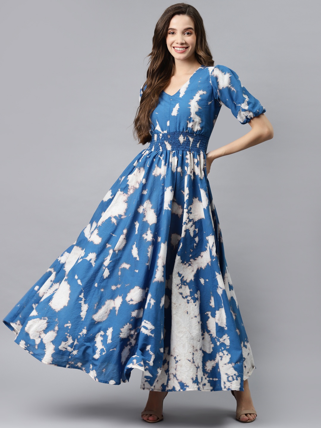 

Hatheli Blue & Off White Tie and Dye Puffed Sleeve Dyed Ethnic Cotton Maxi Dress