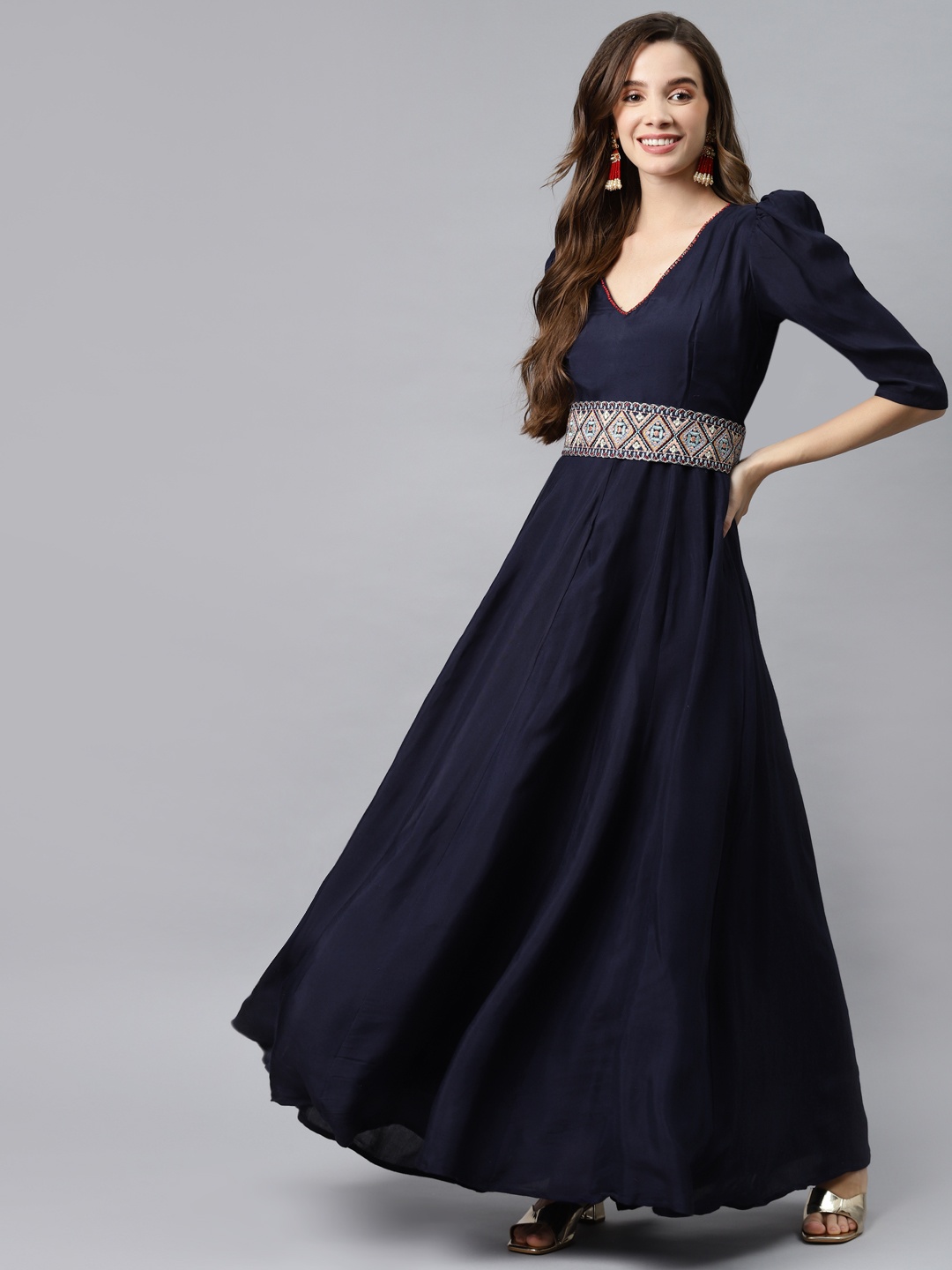 

Hatheli Navy Blue Satin Ethnic Maxi Dress With Embroidered Belt