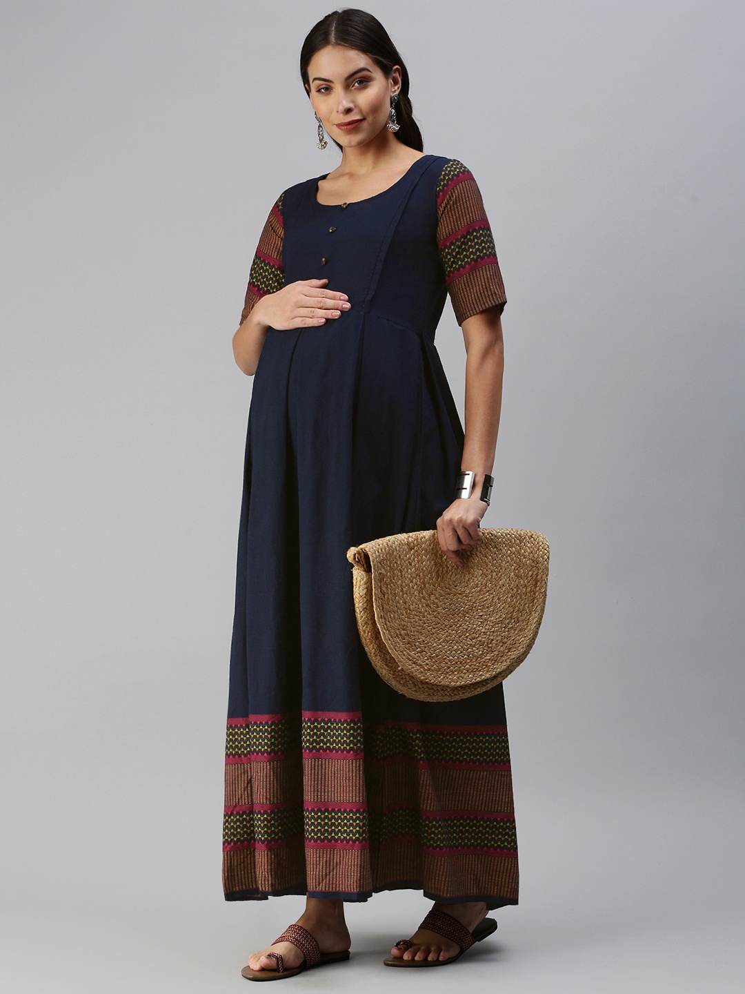 

Swishchick Women Navy Blue & Fuchsia Geometric Woven Design Handloom Maternity Maxi Dress