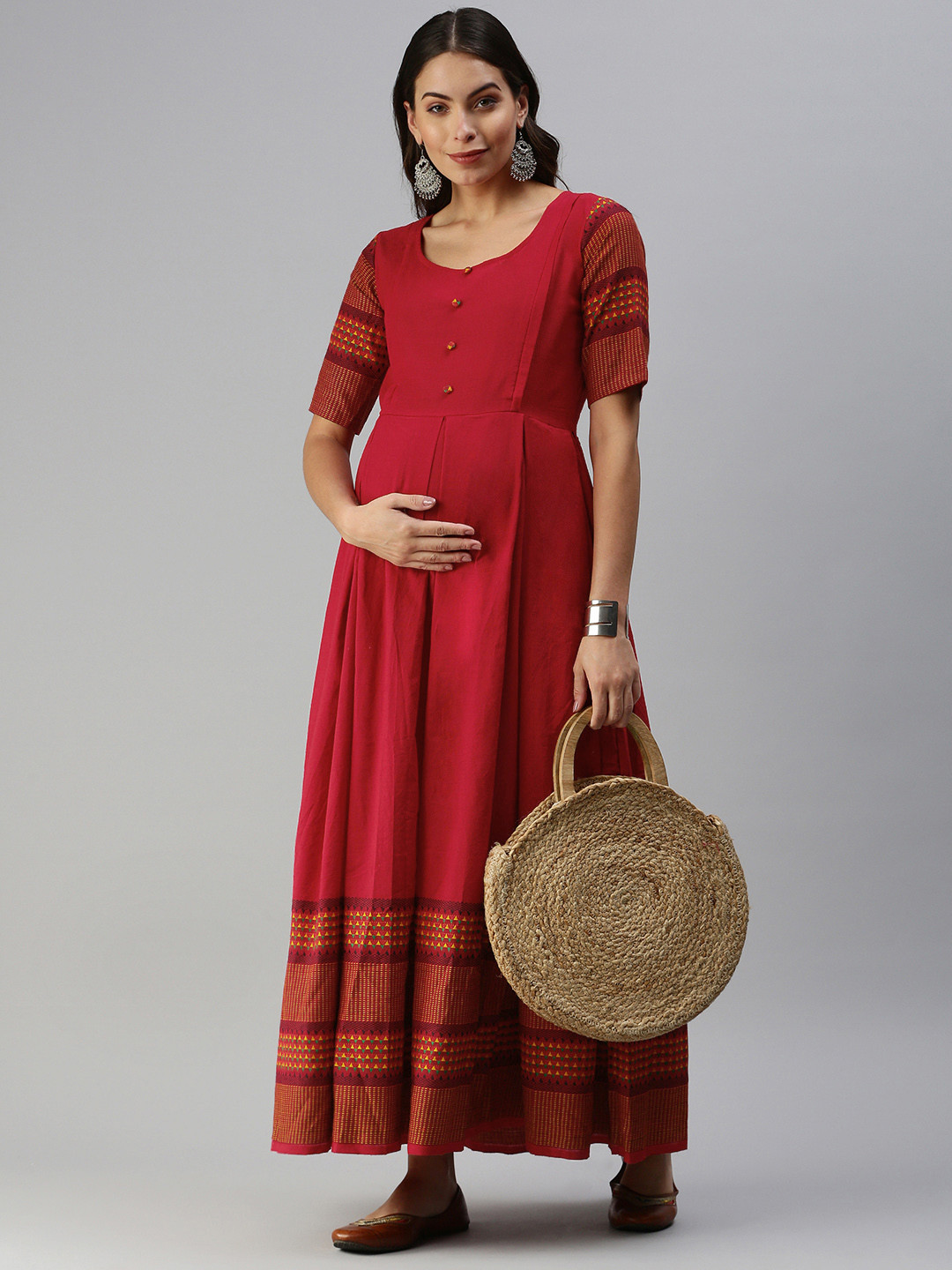 

Swishchick Women Red & Mustard Yellow Geometric Woven Design Handloom Maternity Maxi Dress