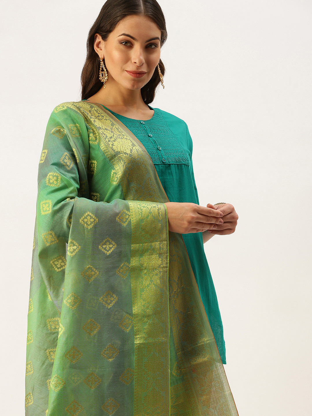 

SWAGG INDIA Turquoise Blue Ethnic Motifs Woven Design Art Silk Dupatta with Zari
