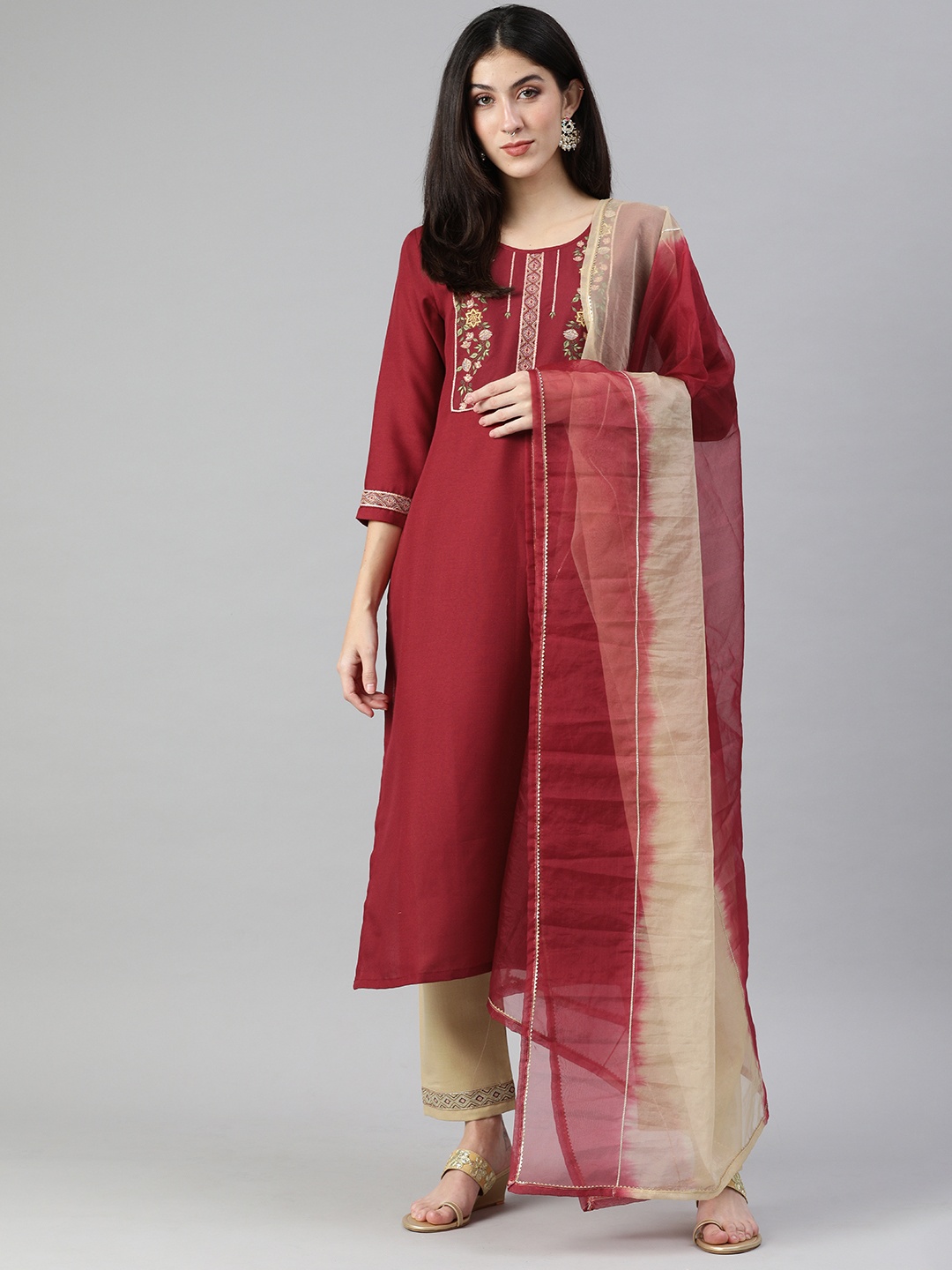 

SheWill Women Maroon Floral Yoke Design Gotta Patti Kurta with Trousers & Dupatta