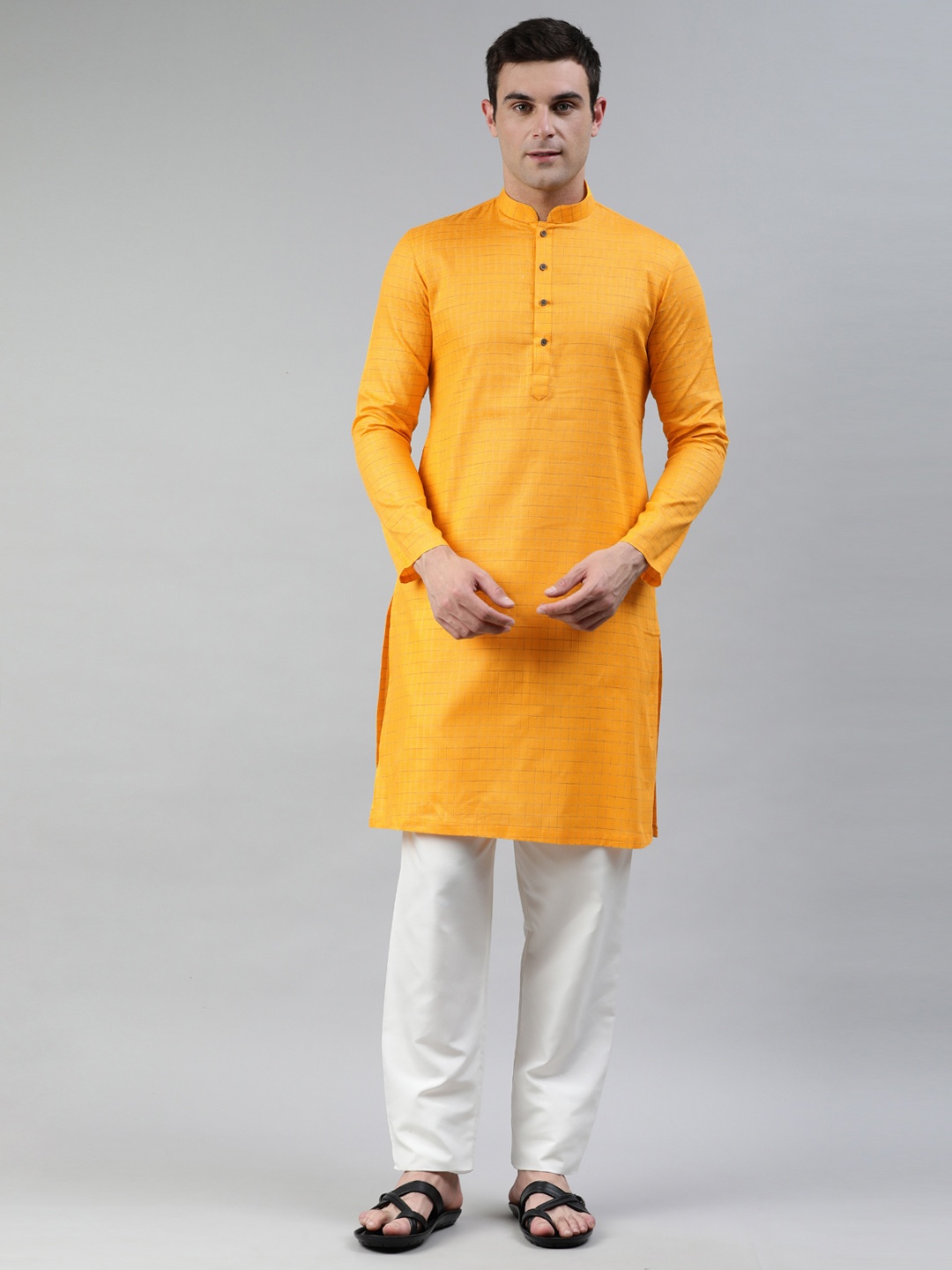 

Manthan Men Mustard Yellow Checked Kurta