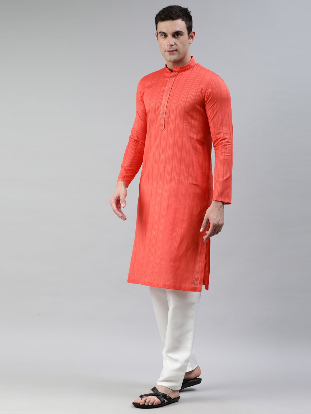 

Manthan Men Coral Red Striped Kurta