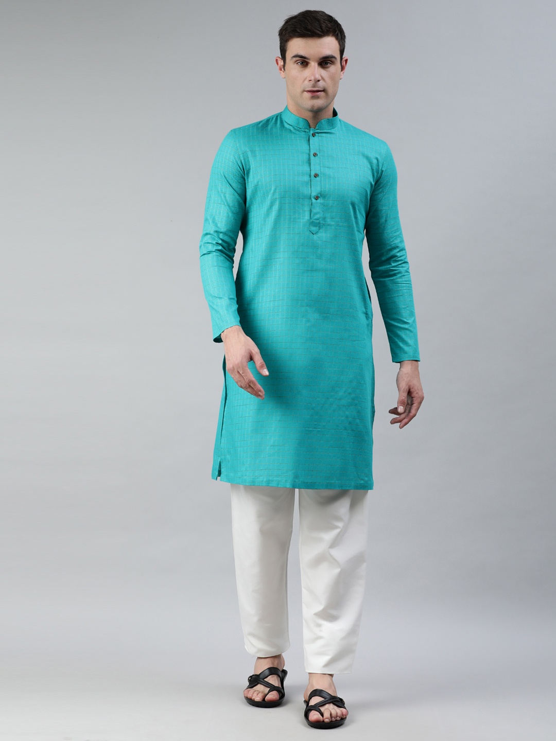 

Manthan Men Turquoise Blue Checked Kurta