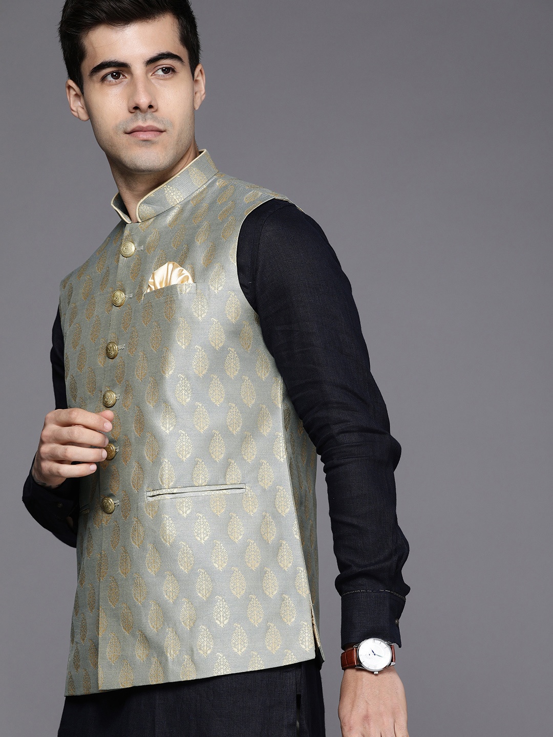 

Manyavar Men Grey & Golden Jacquard Design Nehru Jacket