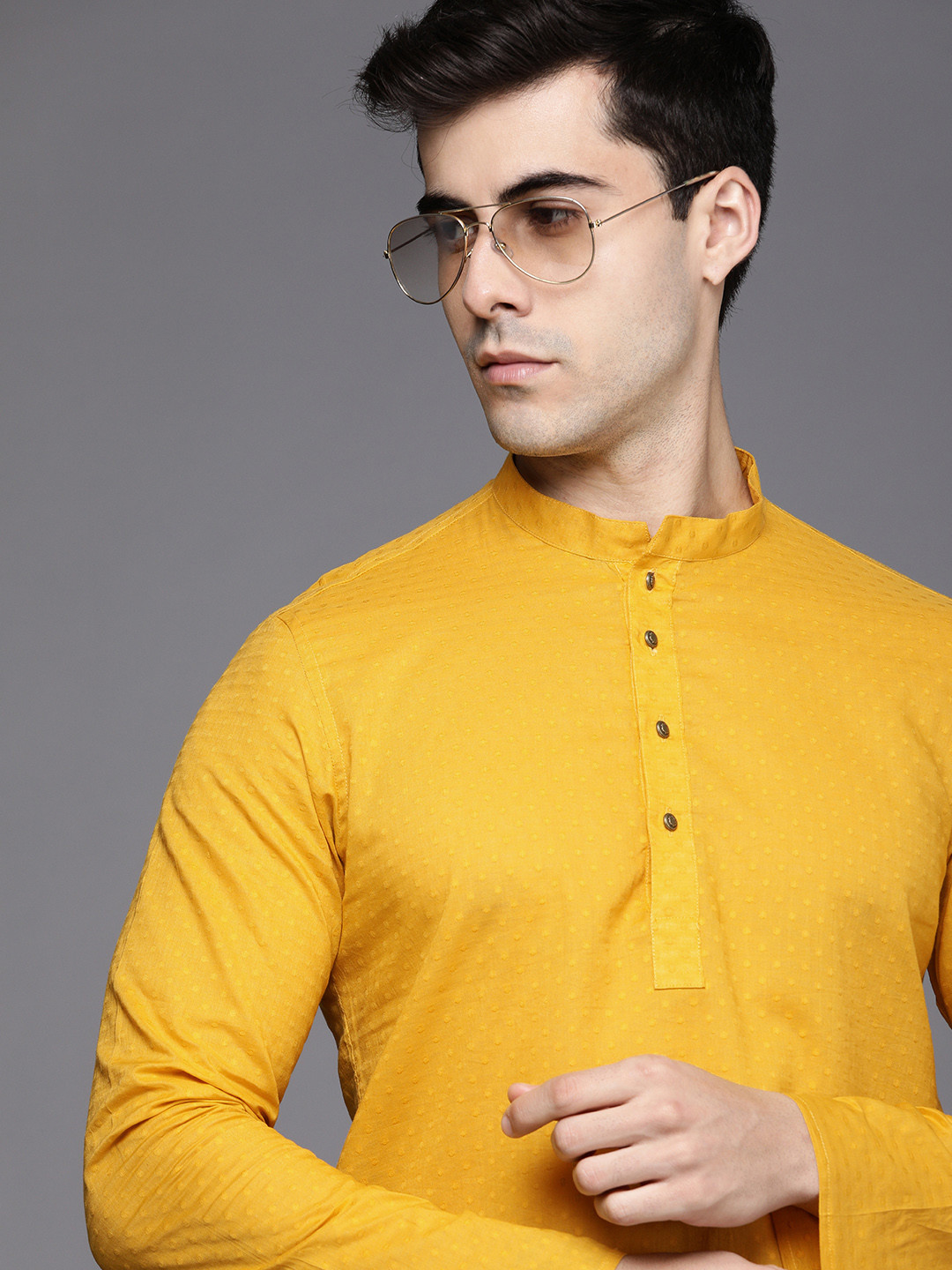 

Manyavar Men Mustard Yellow Woven Design Short Kurta