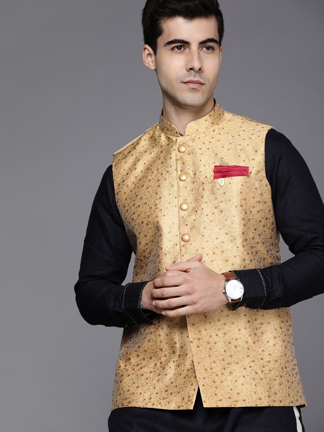 

Manyavar Men Cream-Coloured Jacquard Design Nehru Jacket