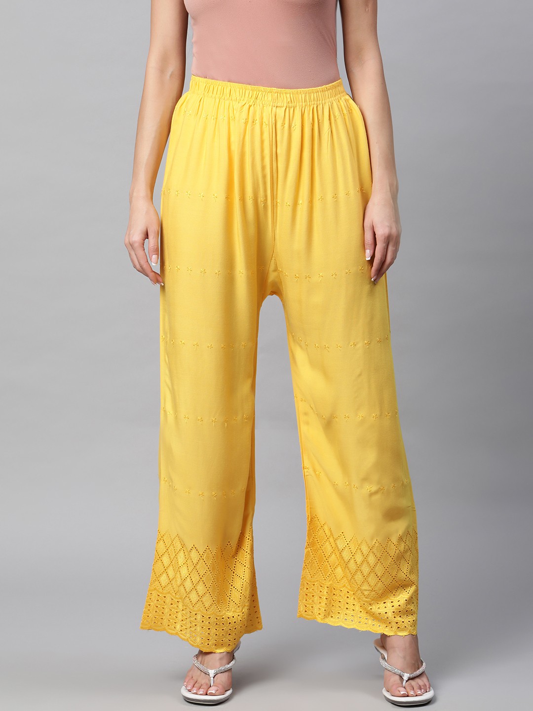 

Rang Gali Women Mustard Yellow Floral Embroidered Palazzos
