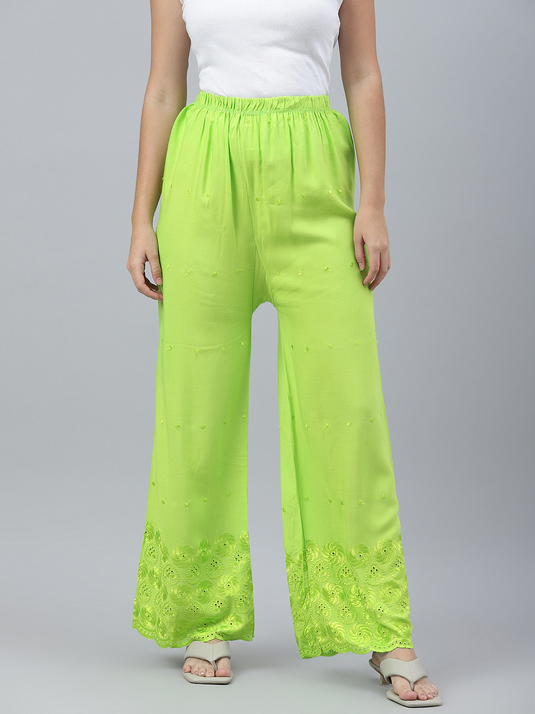 

Rang Gali Women Lime Green Ethnic Motifs Embroidered Ethnic Palazzos
