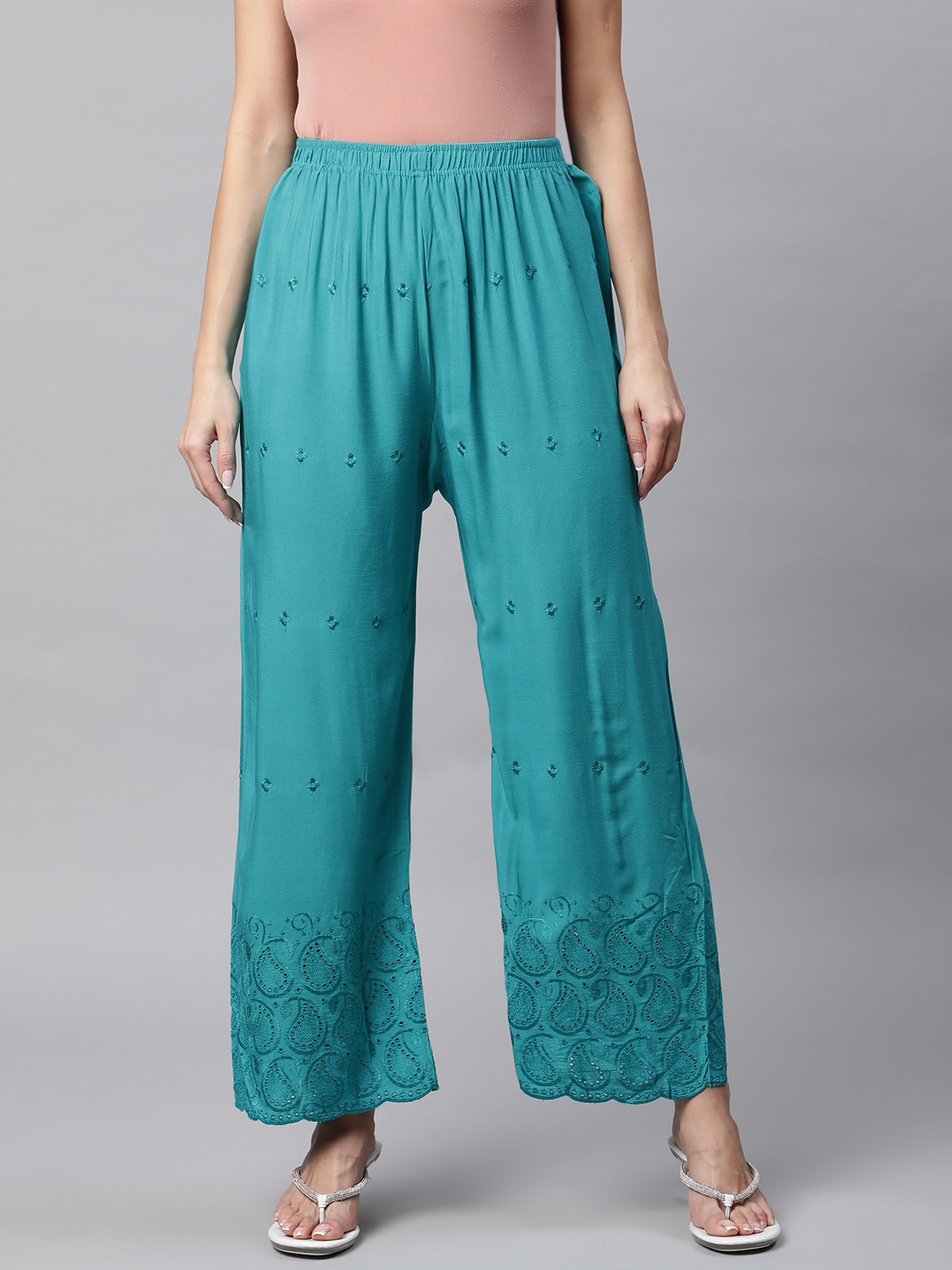 

Rang Gali Women Turquoise Blue Floral Embroidered Palazzos