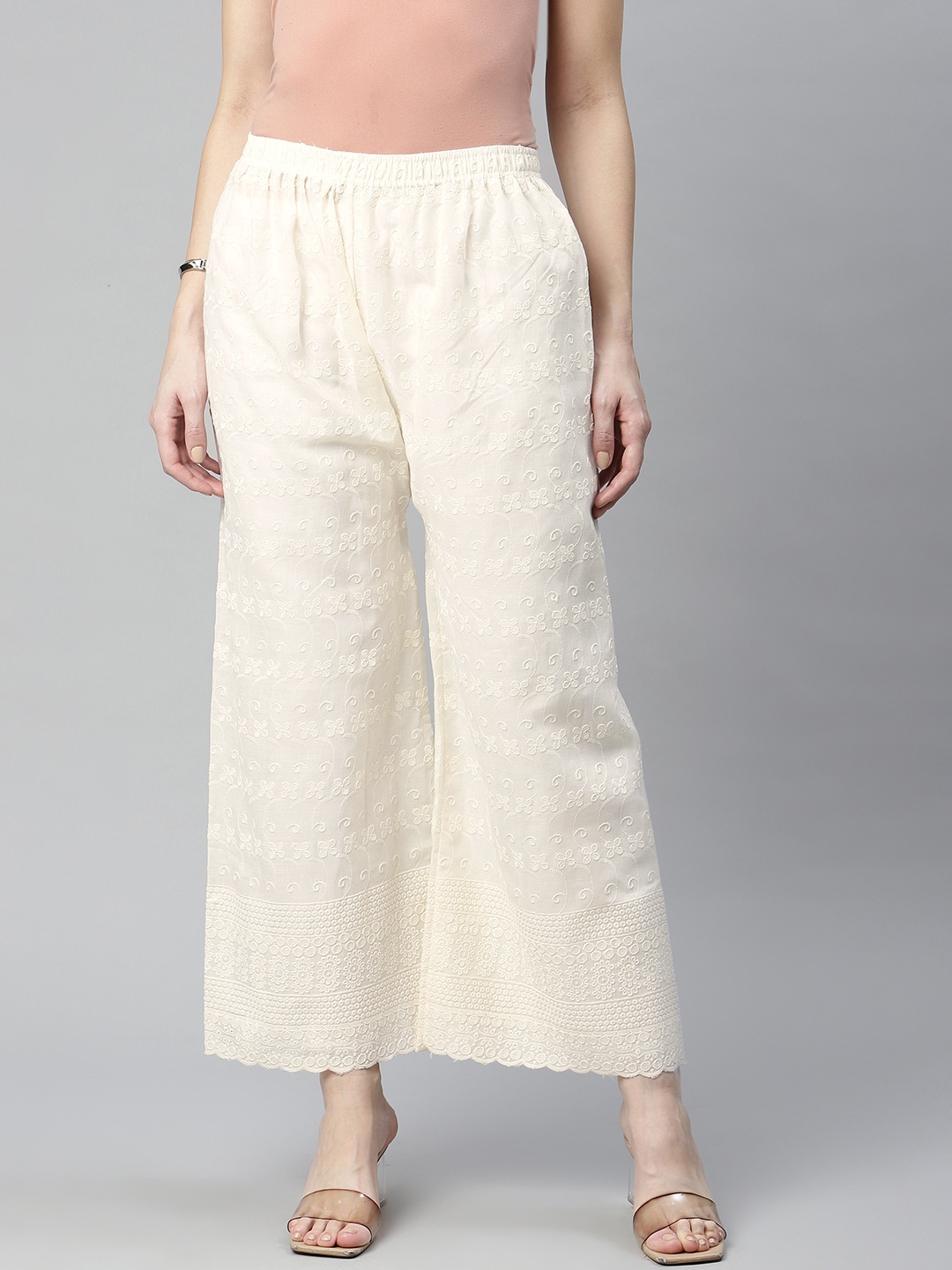 

Rang Gali Women White Floral Embroidered Ethnic Palazzos
