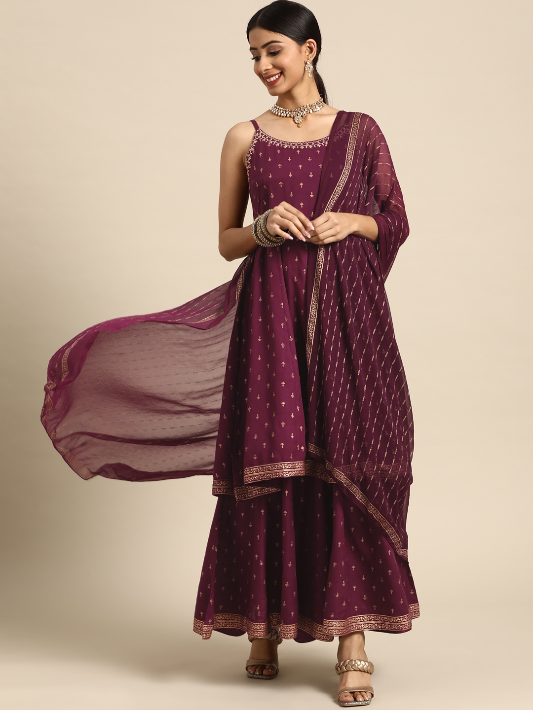 Sangria Women Burgundy & Golden Ethnic Motifs Printed Kurta with Sharara & Dupatta