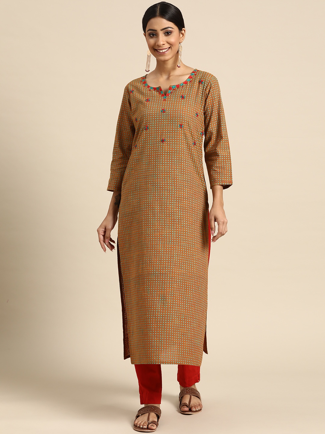 

Sangria Women Brown & Sea Green Geometric Printed Kantha Work Kurta