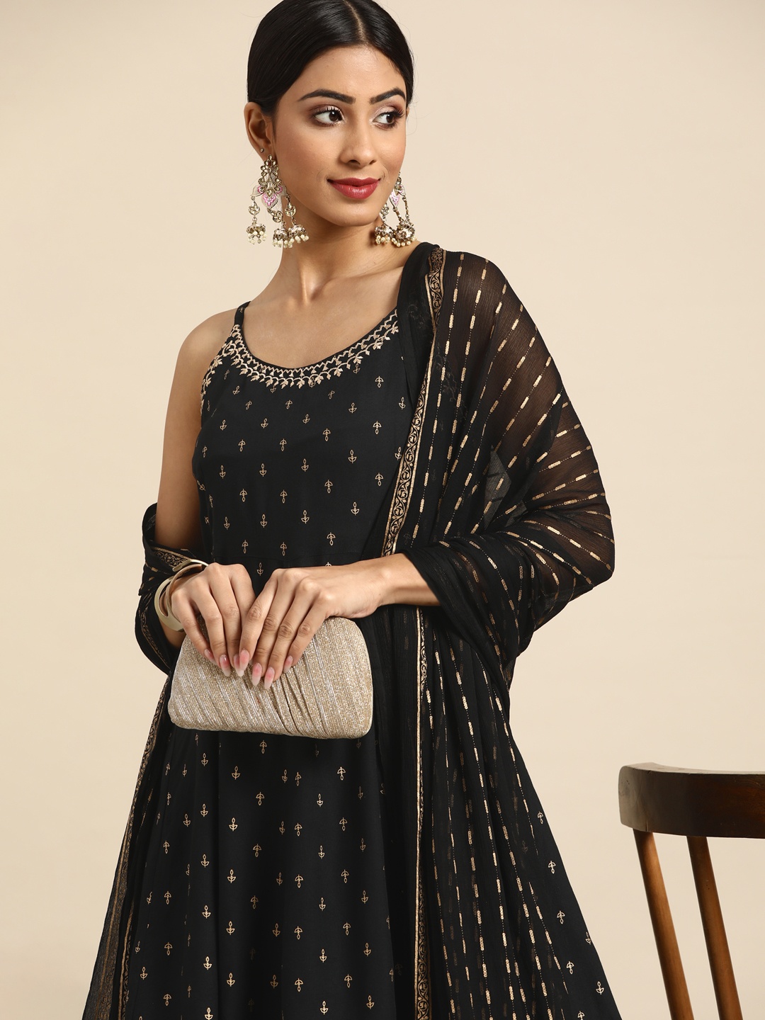 

Sangria Women Black & Golden Ethnic Motifs Printed Kurta with Plazzos & Dupatta