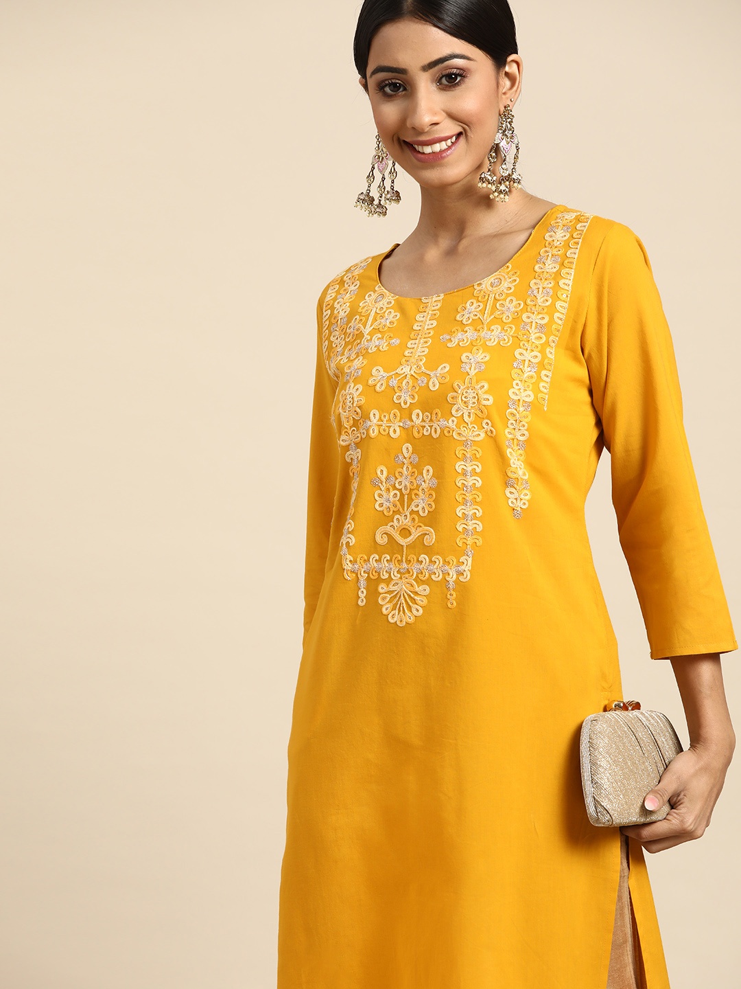 

Sangria Women Mustard Yellow Ethnic Motifs Yoke Design Kurta
