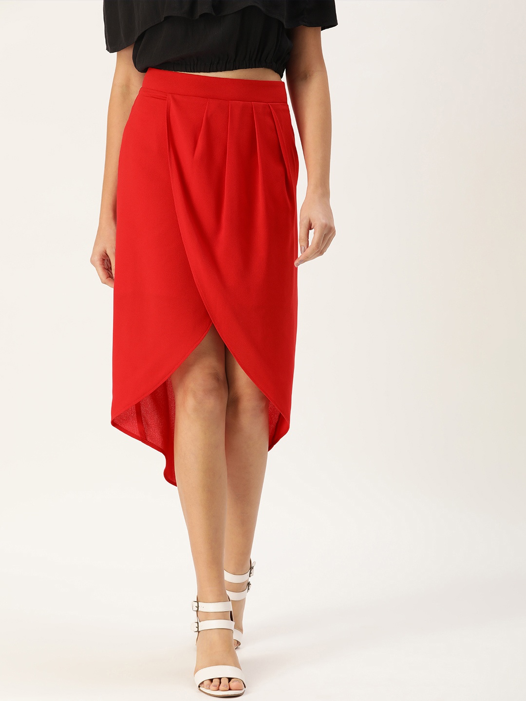 

ROVING MODE Women Red Faux Wrap Midi Skirt