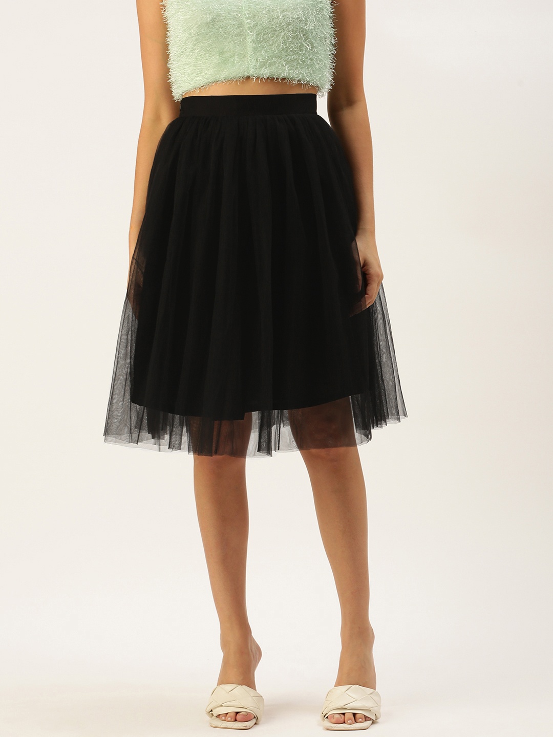 

ROVING MODE Women Black Net Flared Midi Skirt