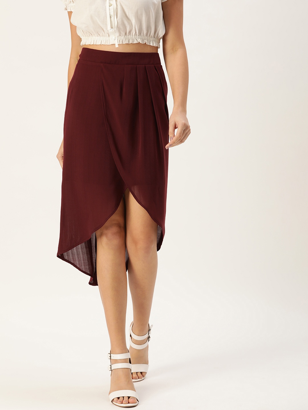 

ROVING MODE Women Red Faux Wrap Midi Skirt, Maroon