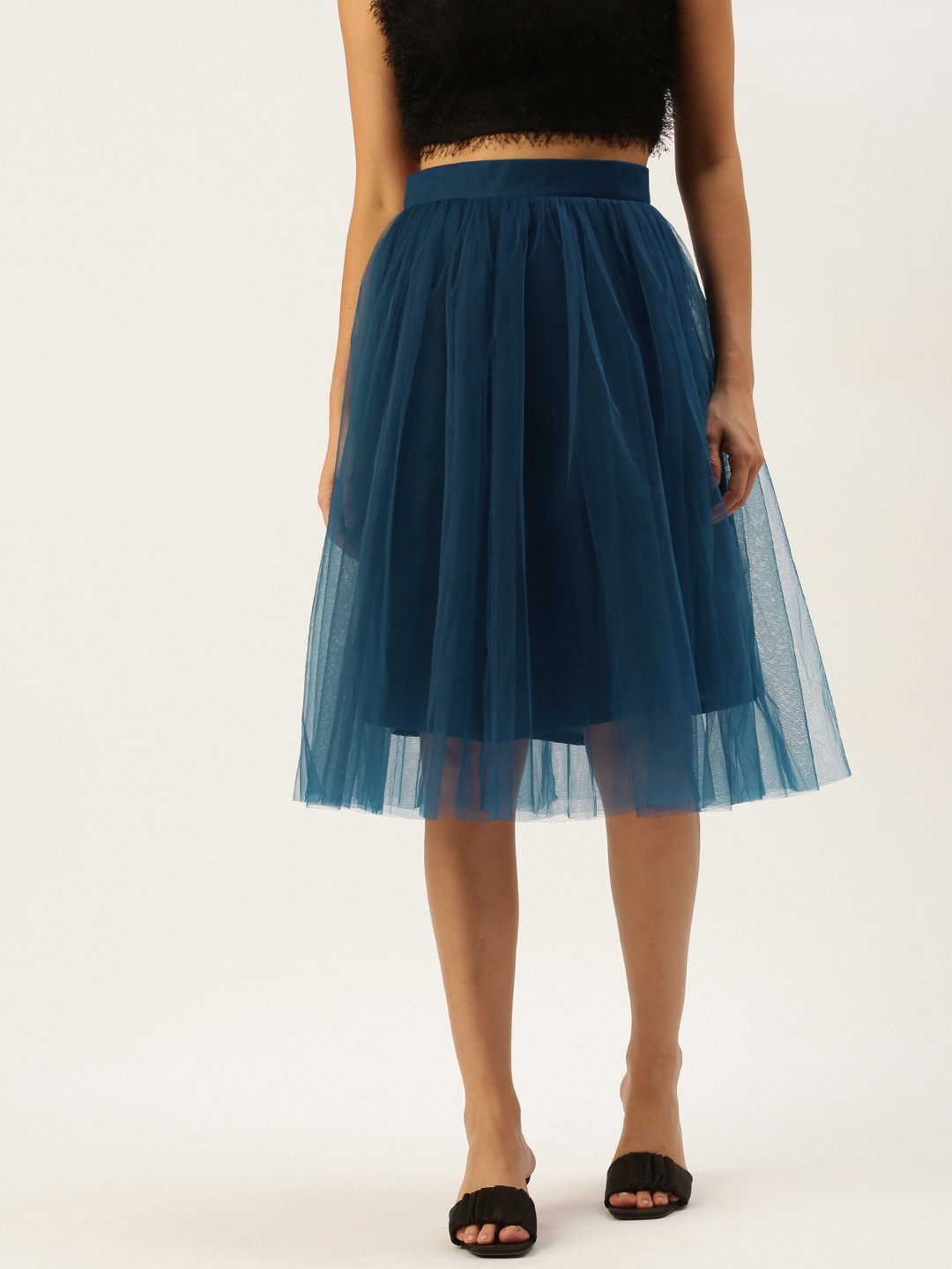 

ROVING MODE Women Teal Blue Net Flared Midi Skirt