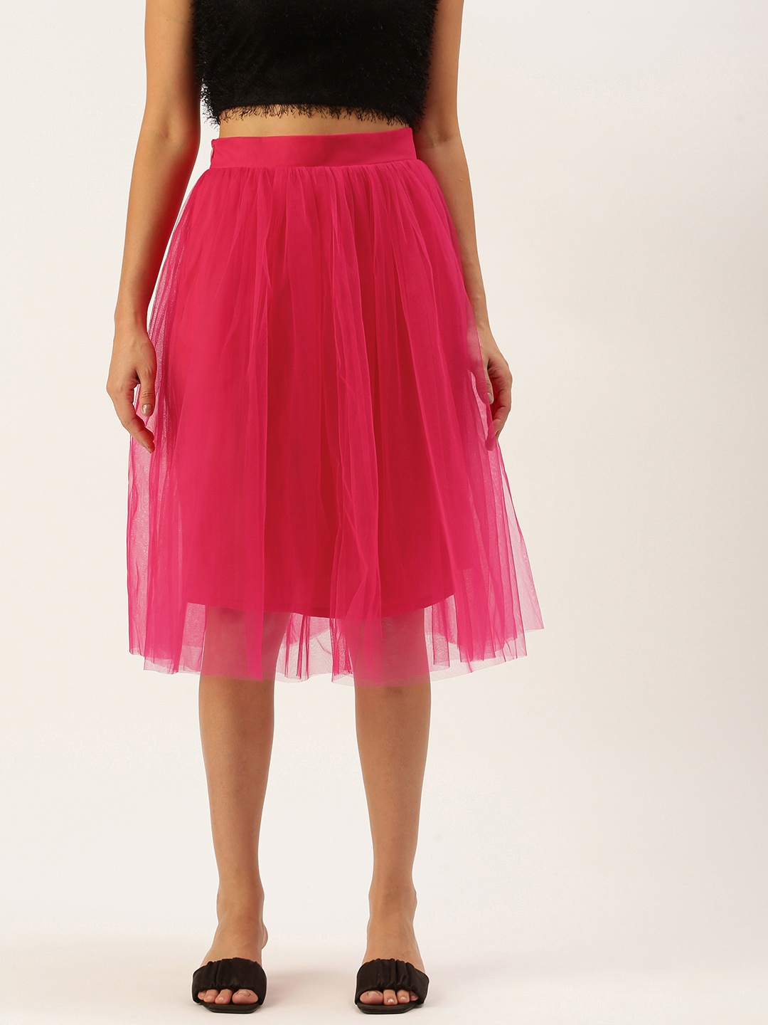 

ROVING MODE Women Fuchsia Pink Net Flared Midi Skirt